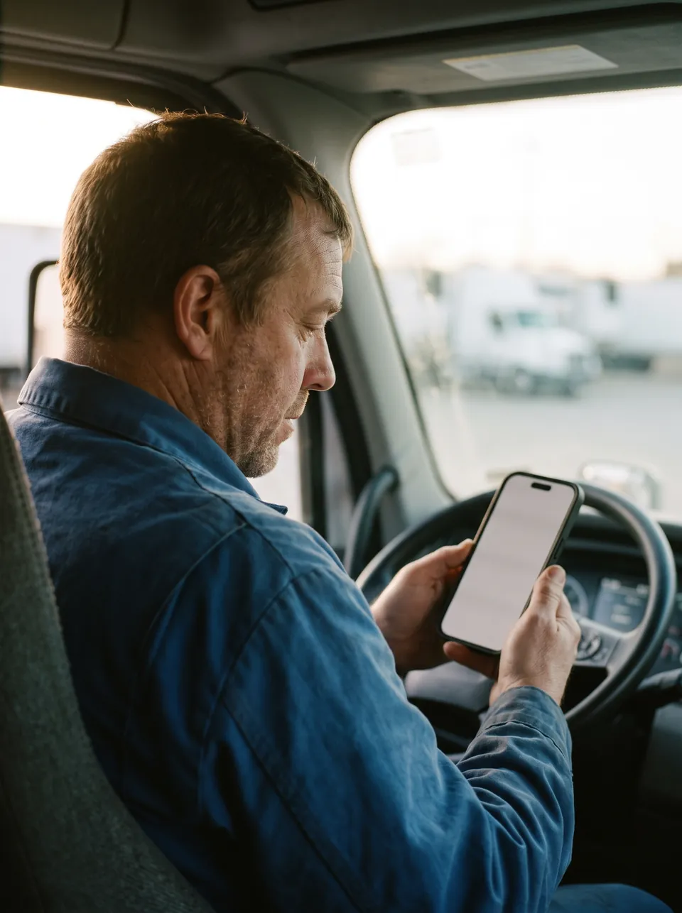 A truck driver in his cab reads a new load from Dallas to Tulsa on his phone