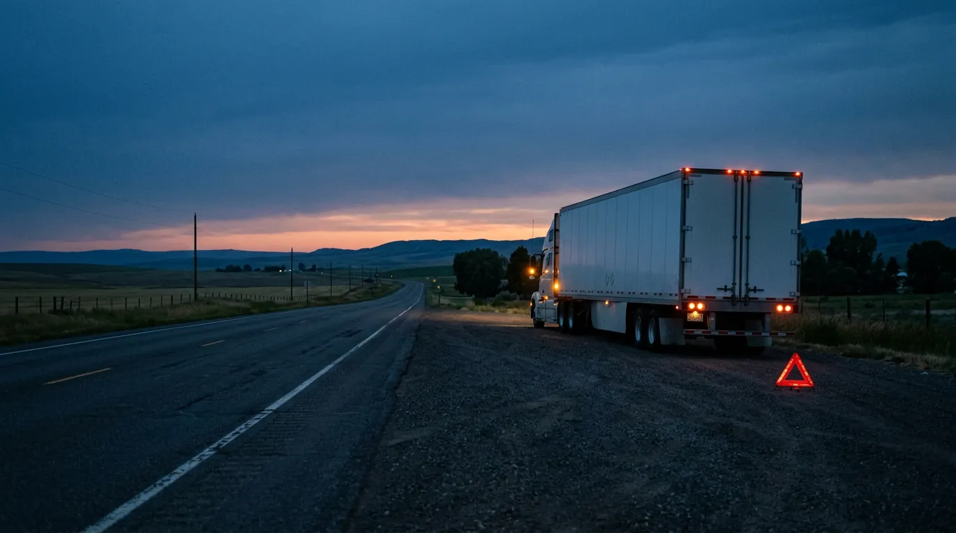 A truck stopped on the shoulder of an empty highway at dusk, with a warning triangle behind it
