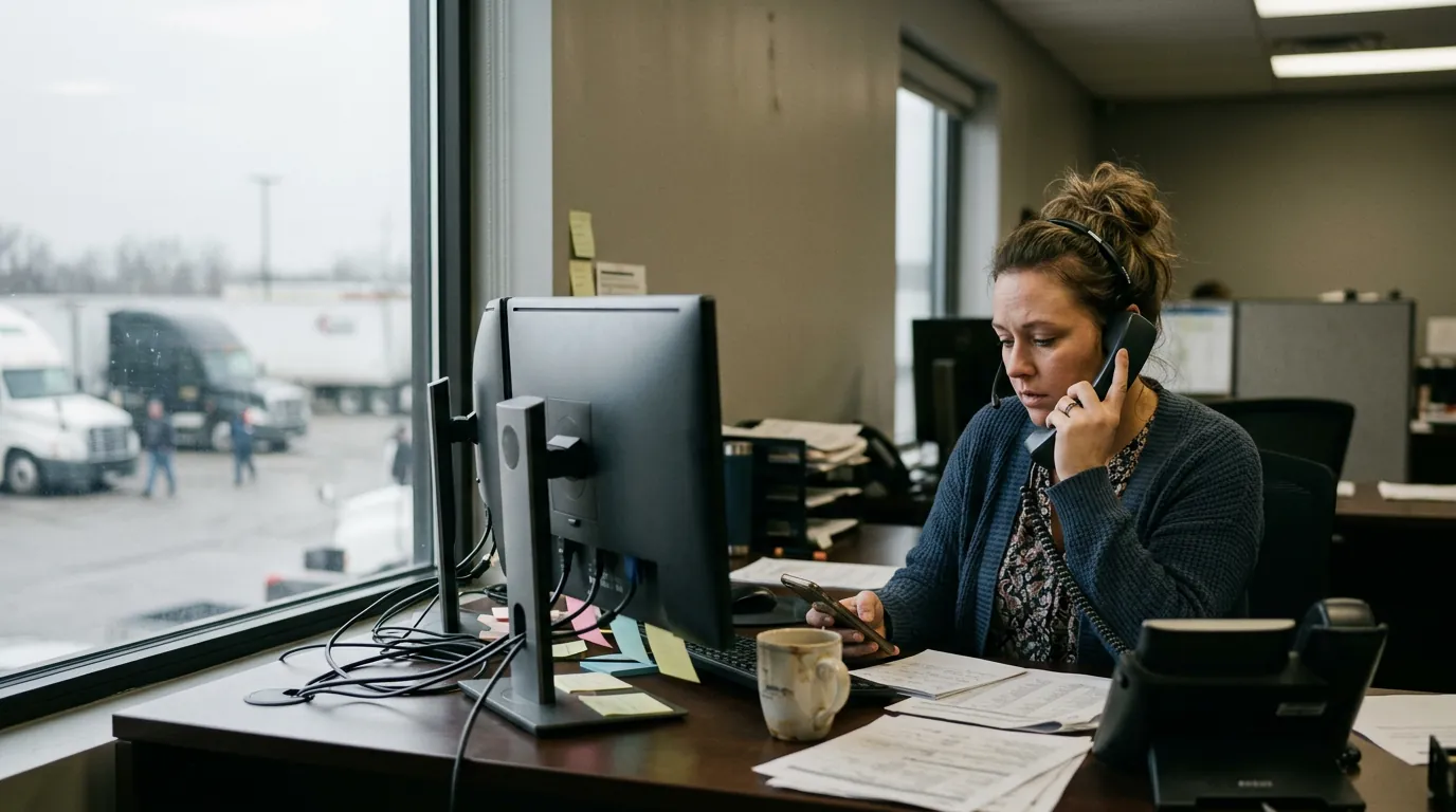 A dispatcher on the desk phone at a busy office, with trucks parked outside the window