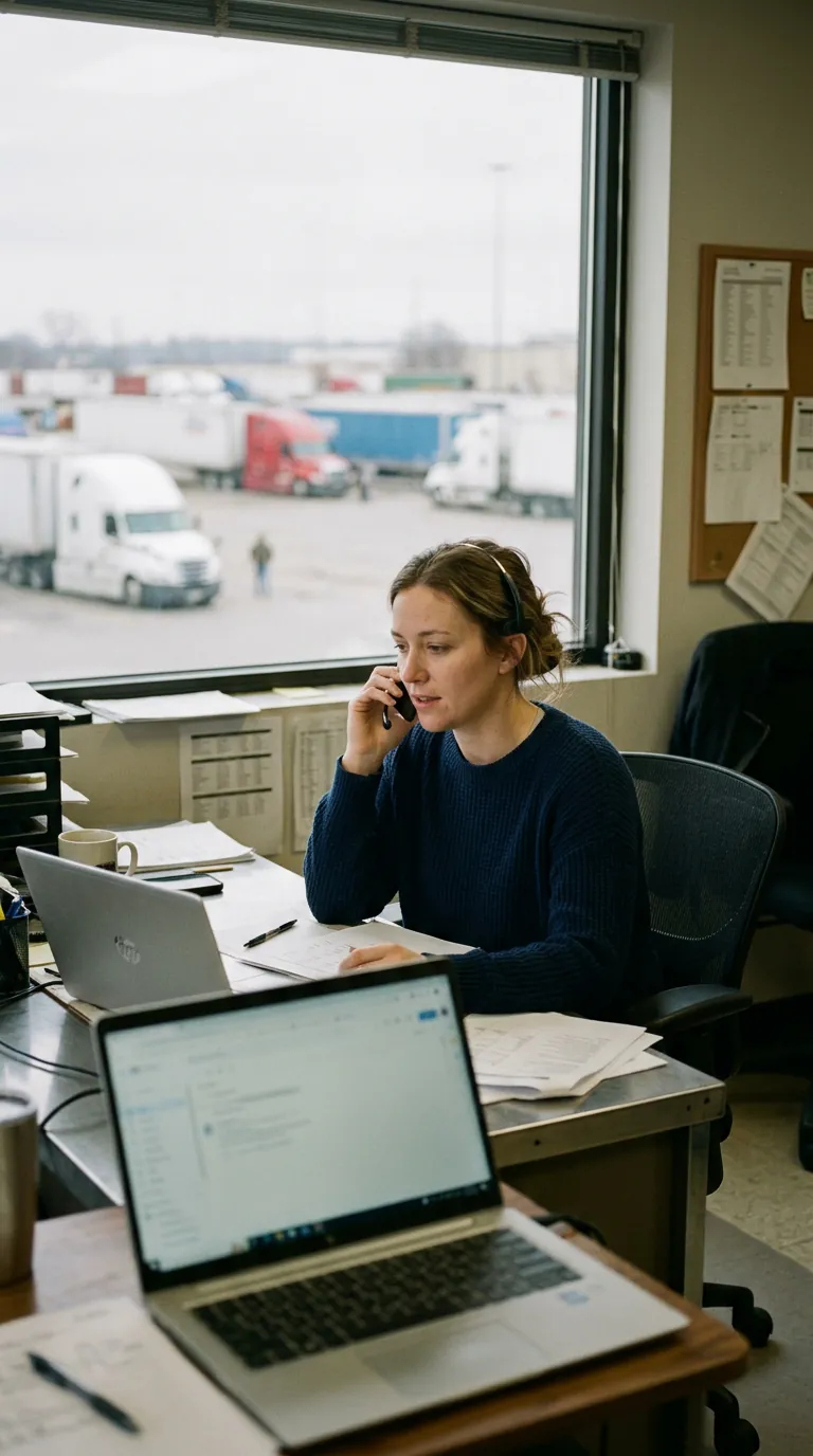 A broker on the phone at her desk, trucks in the yard behind her