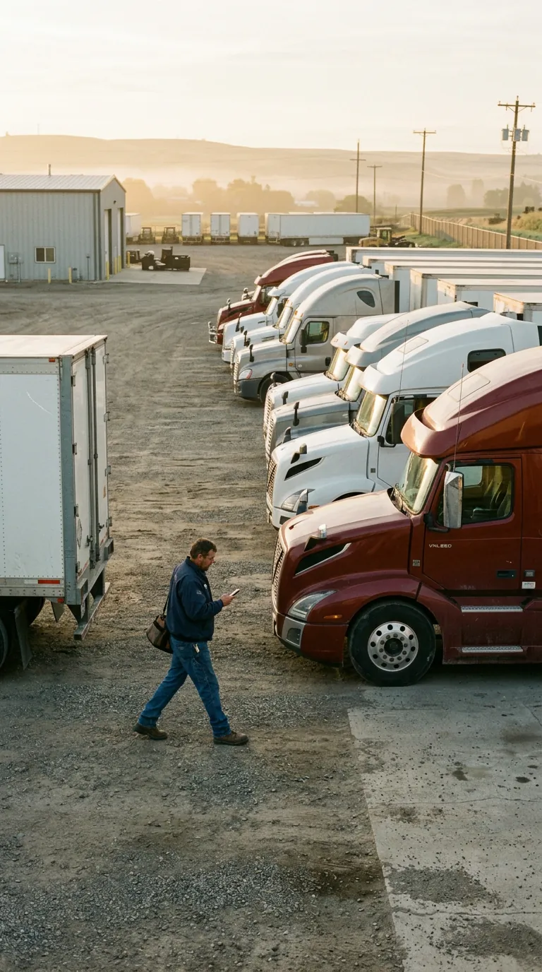 A driver walks past a row of parked trucks in a fleet yard