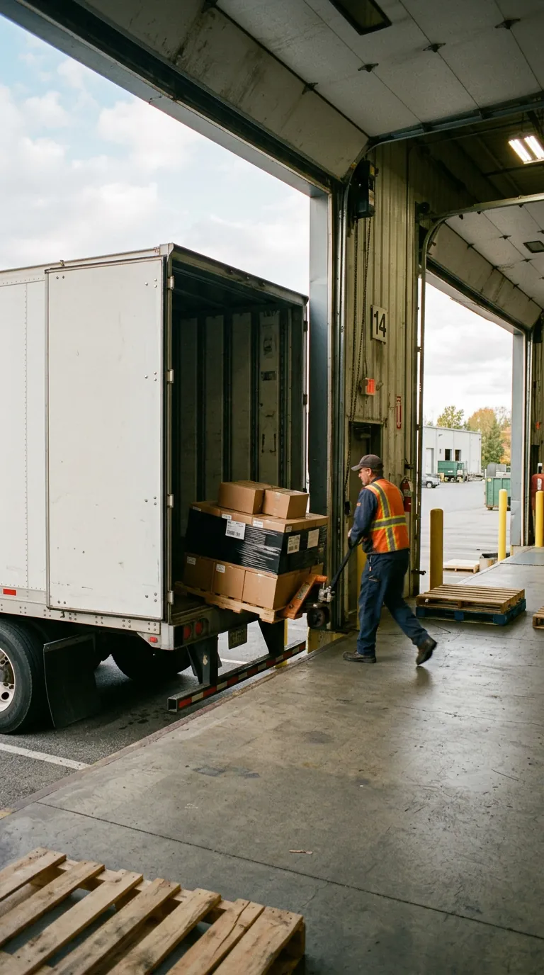 A worker unloads boxes from a company box truck at a loading door