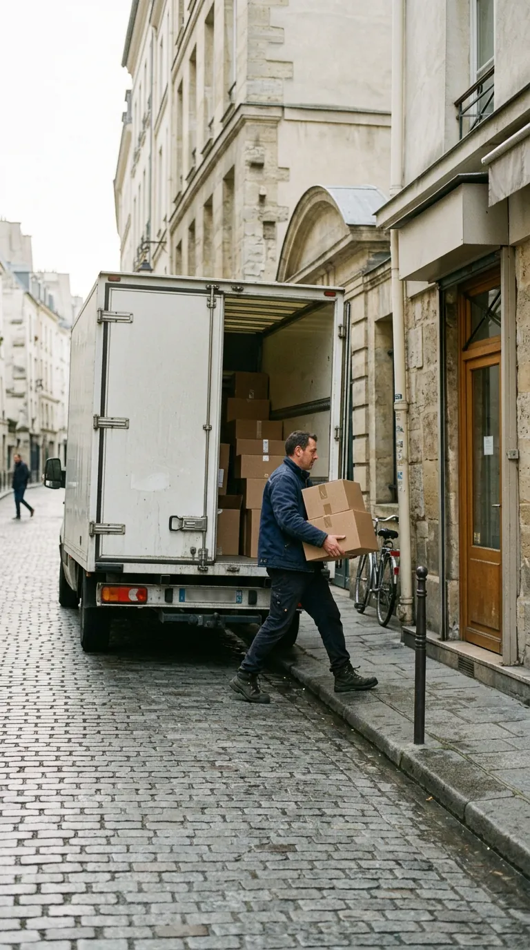 A courier carries a parcel from a delivery truck on a city street