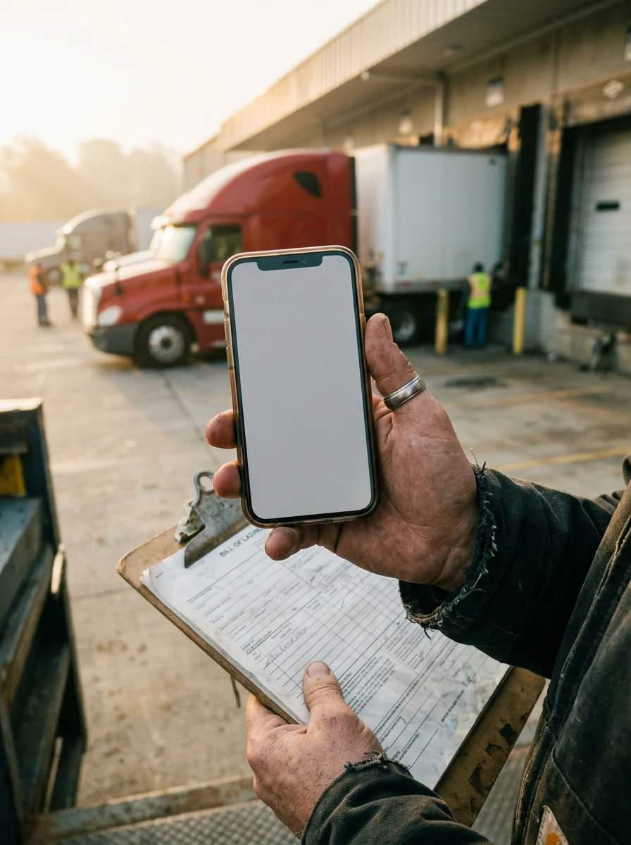 A driver at a loading dock holds up a phone showing a scanned bill of lading, clipboard in the other hand