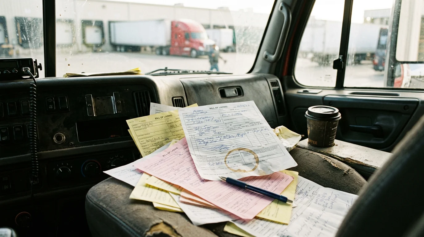 A stack of paper bills of lading and a coffee on the dashboard of a truck cab