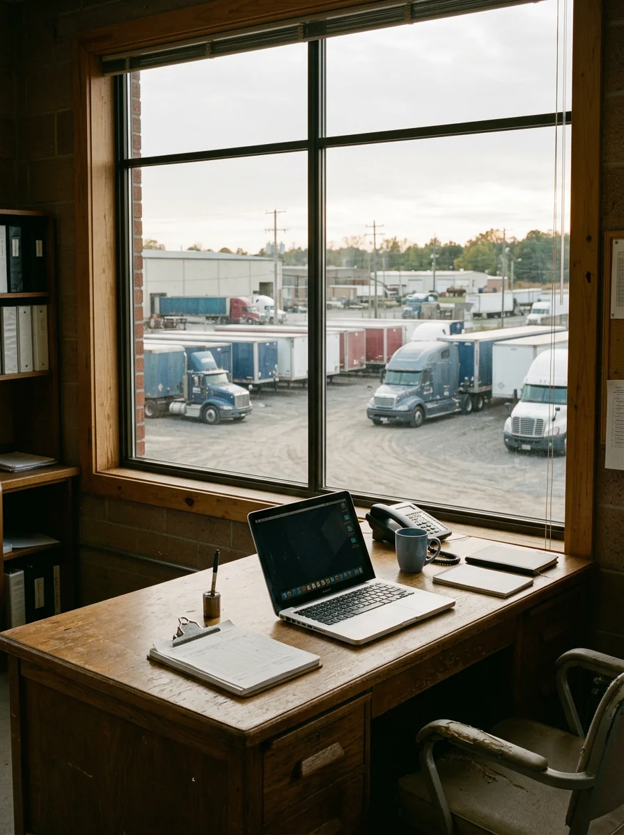 An office overlooking a busy truck yard