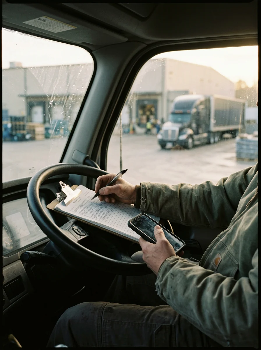 A driver in the cab holding a bill of lading on a clipboard