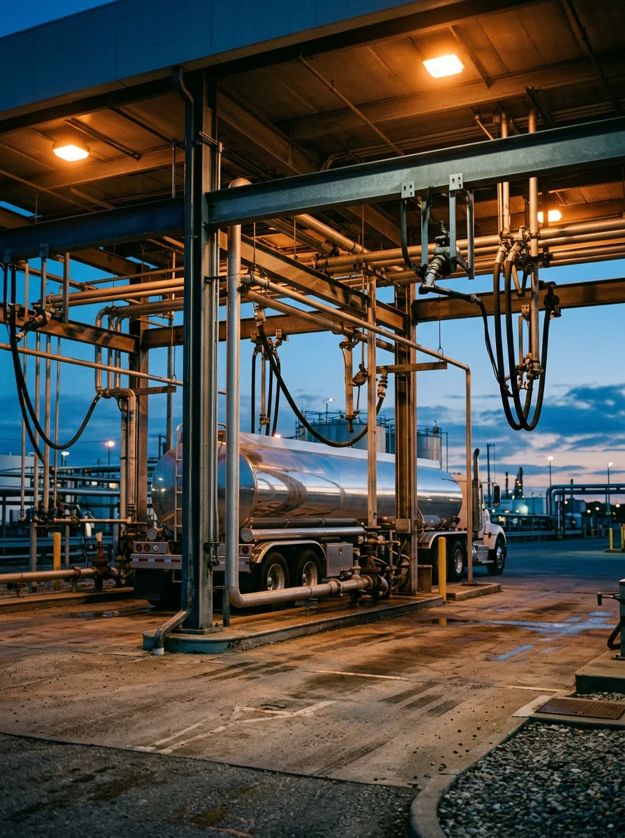 A fuel tanker being loaded at a terminal rack