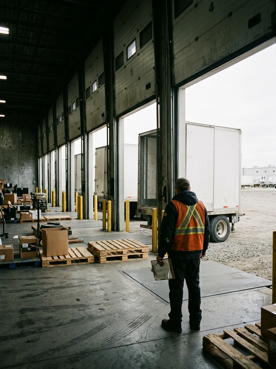 A dock worker checking pallets as a trailer is unloaded